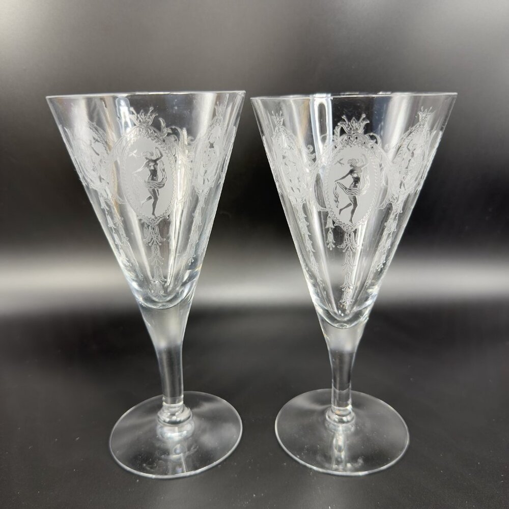 Tiffin Franciscan Classic Shawl Dancer Cameo Etched Nude Dancer Cups Set 2 Clear